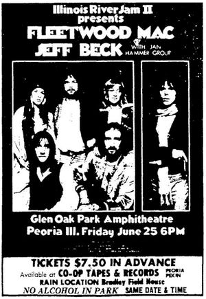 Anúncio no Journal Star para o show Fleetwood Mac/Jeff Beck no Glen Oak Park Amphitheatre em 1976.