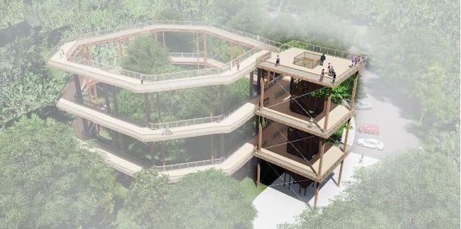 Milwaukee-based engineering firm GRAEF presented this concept of a new, 75-foot-tall structure with a helical ramp for accessibility to all three levels, as its preferred option for the future observation tower at Potawatomi State Park in Door County. Restoring and repairing the 91-year-old tower and added the ramp to it is another option on the table.