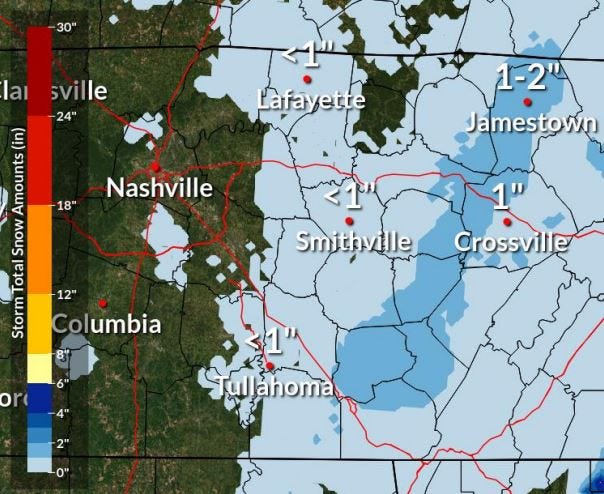 The Cumberland Plateau could see a few inches of snow through Friday, while other areas may see a light dusting, NWS Nashville said.