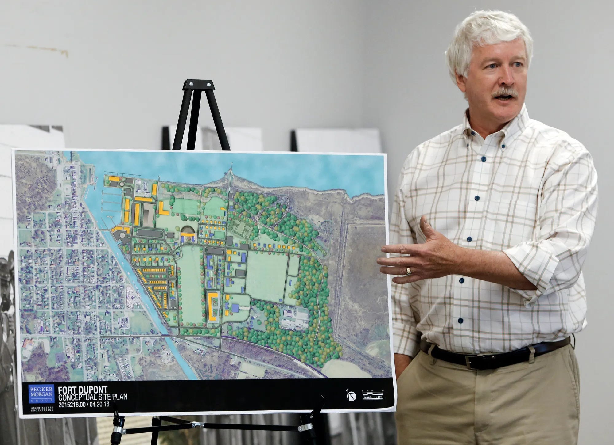 Jeff Randol presents a master plan for the redevelopment of Fort DuPont at the Delaware City Library in 2016. Many credited Randol for developing infrastructure where it hardly existed before. Others criticized him for being unresponsive to the community's desires.
