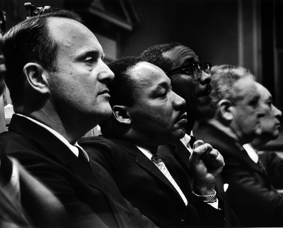 Kentucky Gov. Edward T. Breathitt, left, sat next to Dr. Martin Luther King Jr. during a civil-rights meeting in Louisville. Others, from left, were the Rev. F. G. Sampson, president of the Kentucky Christian Leadership Conference, Louisville Mayor Kenneth A. Schmied and Louisville Urban League executive director Charles Steele in December 1965. Breathitt