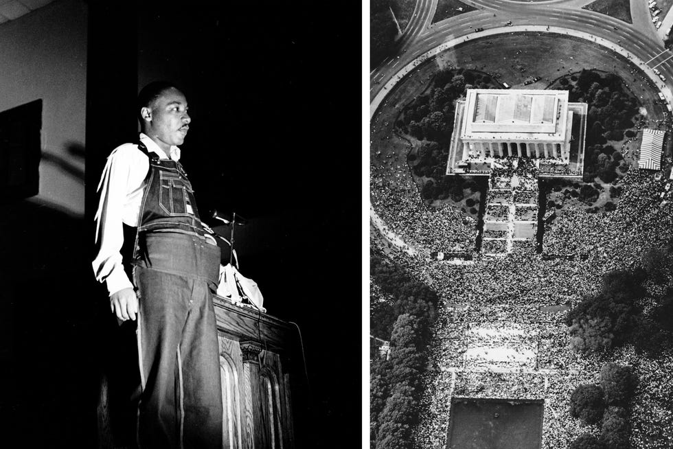 LEFT: Rev. Martin Luther King Jr. appears before a chanting audience in Birmingham, Alabama, April 6 1963. RIGHT: Arial view of the masses who crowd the Lincoln Memorial in Washington, USA, in their freedom march during the historic speech of Dr. Martin Luther King "I Have A Dream" August 28, 1963. (AP Photo/Str)