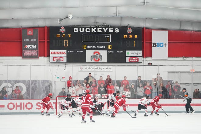 Jan 13, 2023; Columbus, Ohio, USA;  The Ohio State Buckeyes play the Wisconsin Badgers in the NCAA women's hockey game at the OSU Ice Rink. Ohio State won 2-1 in overtime. Mandatory Credit: Adam Cairns-The Columbus Dispatch