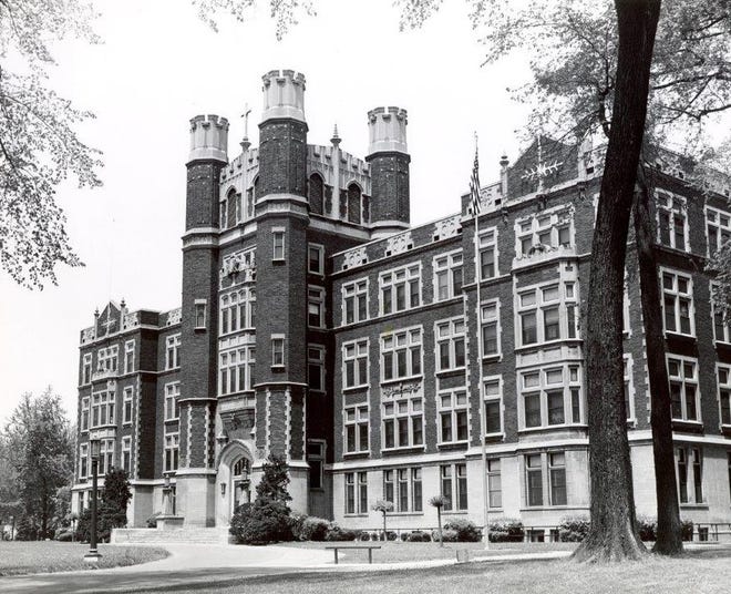 Hall of Divine Child is pictured in 1972. Detroit-based church architect Harry J. Rill designed the Tudor-Gothic structure, and the cornerstone was laid on July 19, 1916.
