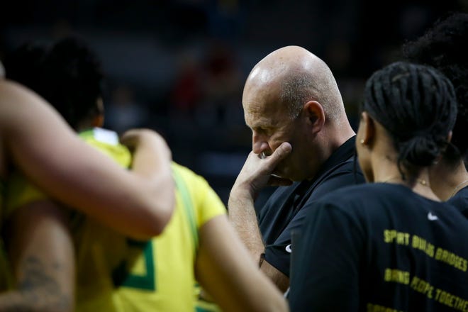 Oregon head coach Kelly Graves thinks during a timeout as the Oregon Ducks host the Washington Huskies on Jan. 13 at Matthew Knight Arena in Eugene.