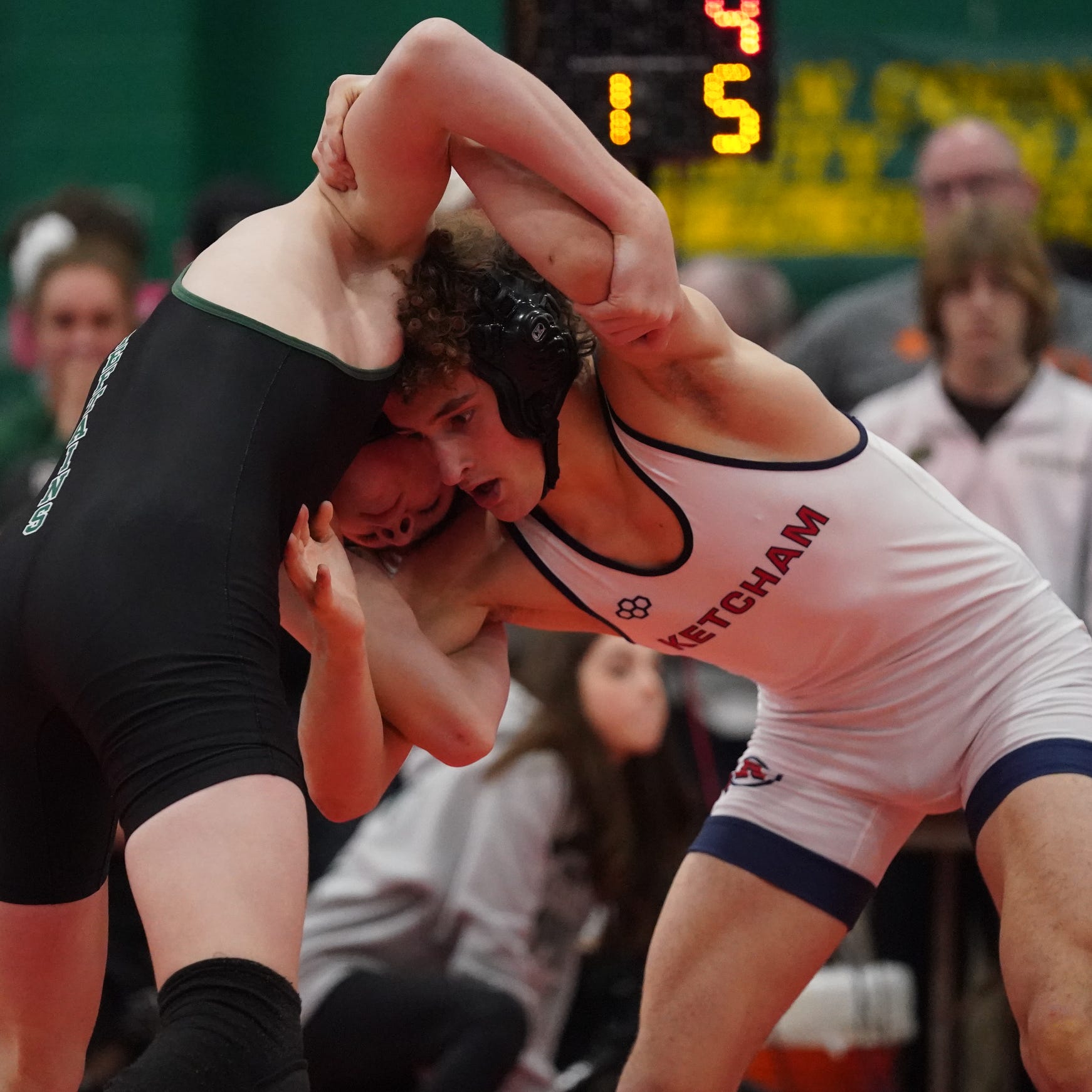 Ketcham's Matt Masch wrestles Ponaganset's Jason Hood in the 145-pound semi final match during day 2 of the 2023 Eastern States Classic wrestling tournament at SUNY Sullivan County in Loch Sheldrake on Saturday, January 14, 2023.