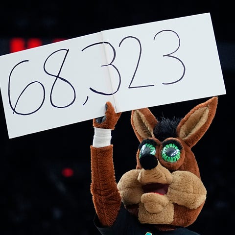 The Coyote, the San Antonio Spurs' mascot, helps a