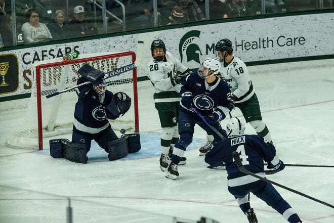 Michigan State scores past the Penn State goalie Liam Souliere (31) in the second period at Munn Arena Saturday, Jan. 14, 2023.