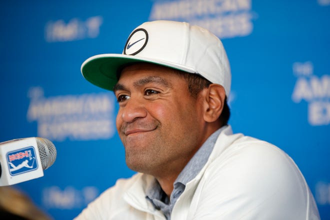 Tony Finau gives a pre-tournament interview at the 2023 American Express at PGA West in La Quinta, Calif., on Tuesday, Jan. 17, 2023.