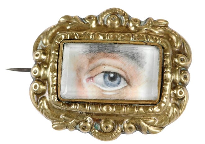 We don't know whose eye is depicted in this miniature, but it must have been someone well loved. Wearing a miniature painting of a loved one's eye was fashionable in the 18th and 19th centuries.