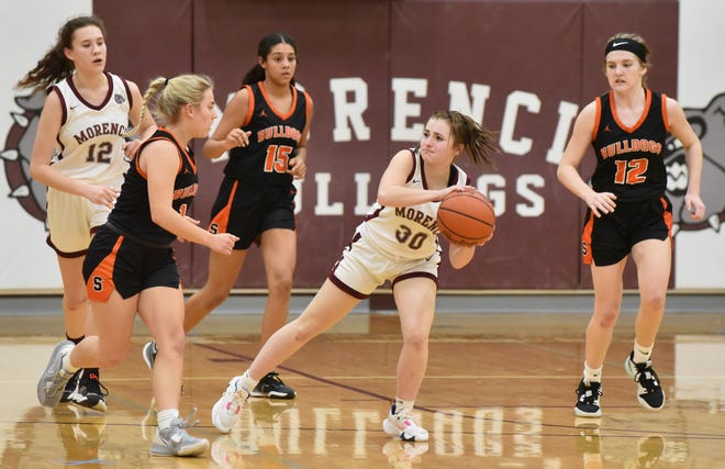 Morenci's Madilyn Wilkins looks to pass while surrounded by Ava Fisher (left), Jaeli Jones (15) and Mia Miller (12) of Summerfield Tuesday night. Morenci won the battle of state-ranked teams 47-41.