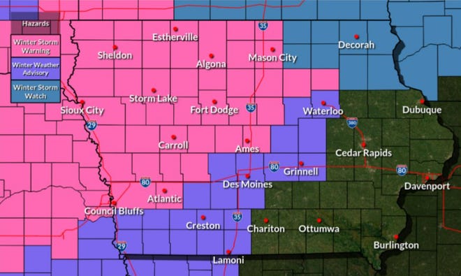 Winter storm warnings and winter weather advisories are in effect across Iowa from noon Wednesday, Jan. 18, 2023 to 9 a.m. Thursday, Jan. 19, 2023.