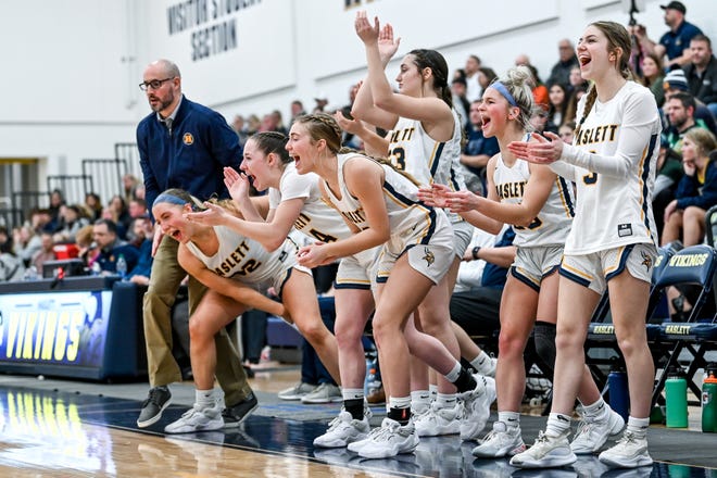 Haslett's bench celebrates after a score against DeWitt during the third quarter on Tuesday, Jan. 17, 2023, at Haslett High School.