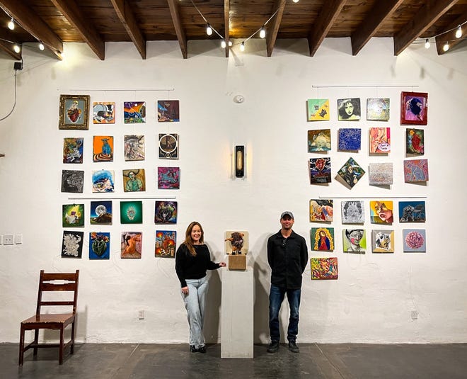 Tamara Gastelum and Gabriel Marquez on Tuesday, Jan. 17, 2023, stand by some of the art that will be for sale at their Moonlight Adobe Hall, 10180 Socorro Road in Socorro, during the “The Anything & Everything Show,” which will be Friday, Jan. 20, 2023.
