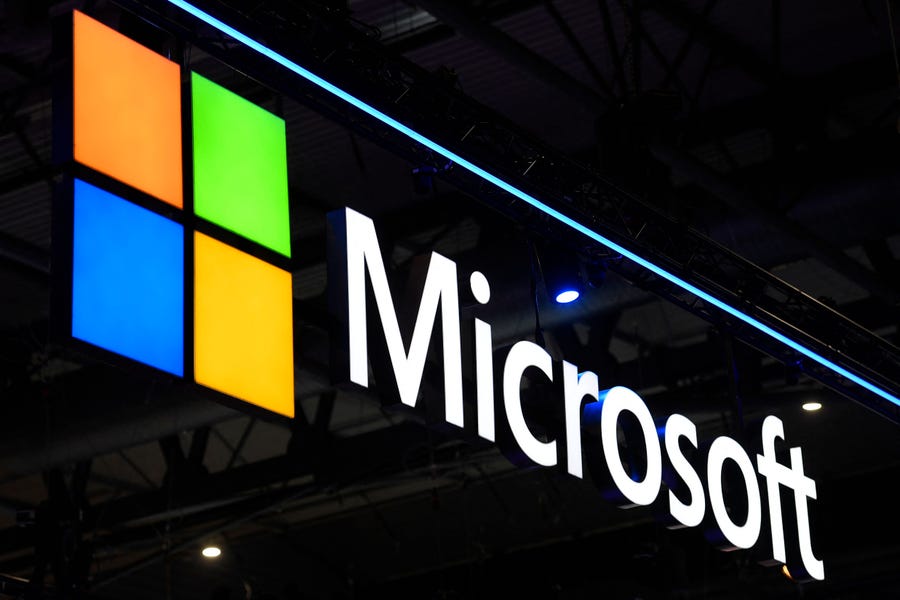 In this file photo taken on March 02, 2022 a Microsoft logo is displayed at the MWC (Mobile World Congress) in Barcelona