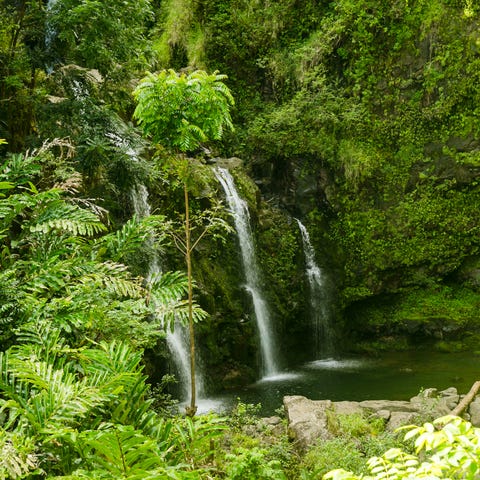 Waterfalls are seen near Hana, Hawaii in this file
