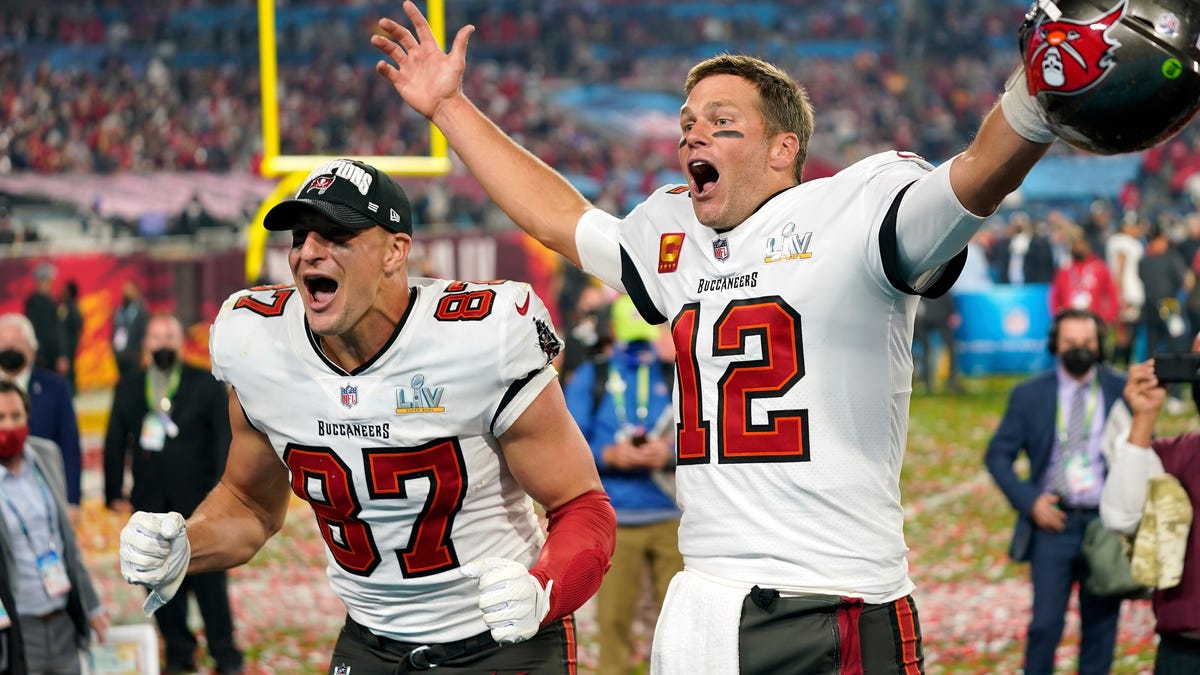 Rob Gronkowski, left, and Tom Brady celebrate the Tampa Bay Buccaneers' win in Super Bowl 55 over the Kansas City Chiefs. It was Gronkowski's fourth Super Bowl win and Brady's seventh.