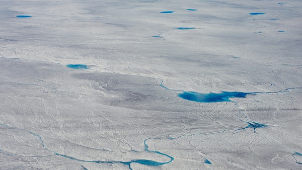 Aerial view of melt ponds at Greenland's ice sheet
