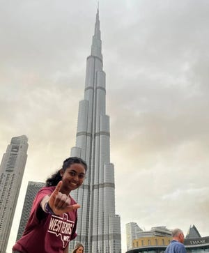 Sheffin Hibba, a WT sophomore wildlife biology major from Abu Dhabi, United Arab Emirates, submitted a selfie of her flashing the Buff hand sign in front of the Burj Khalifa in Dubai to win the university’s recent holiday break Instagram scholarship contest.