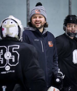 Oliver Ames High boys hockey coach Jimmy Tierney during a practice at Asiaf Arena in Brockton on Thursday, Jan.  19, 2023.