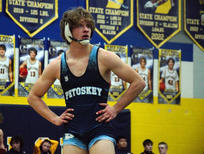 Petoskey's Trevor Swiss stands on the mat during his match Wednesday in Gaylord, which came as a 165-pound victory for Swiss.