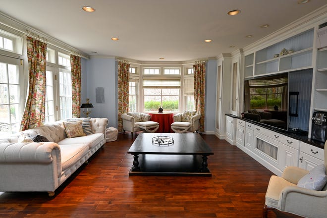 This is a living room area in the Belmont home that once belonged to former Massachusetts Gov. Mitt Romney. The home is available to rent for $25,000 per month.