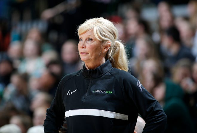 Michigan State coach Suzy Merchant is shown against Iowa, Wednesday, Jan. 18, 2023, in East Lansing.