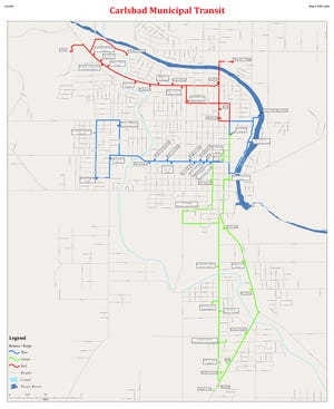 A map provided by the City of Carlsbad shows the routes of the Carlsbad Municipal Transit System.