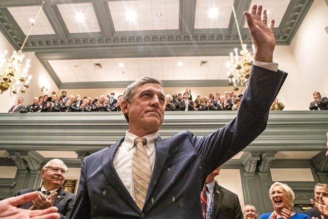 Gov. John Carney delivers the State of the State address in the Senate Chamber of Legislative Hall in Dover on Thursday, Jan. 19, 2023. Much of the governor's speech focused on education, including pay increases for teachers.
