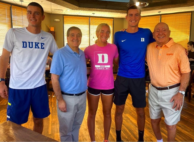 From left, Jake Krug, Jeff Vinik, Ava Krug, Connor Krug, and Dick Vitale. The three Krugs are grandchildren of the 82-year-old Lakewood Ranch resident and ESPN college basketball analyst. Vinik, the owner of the Tampa Bay Lightning, recently donated more than $1 million to the V Foundation for Cancer Research.