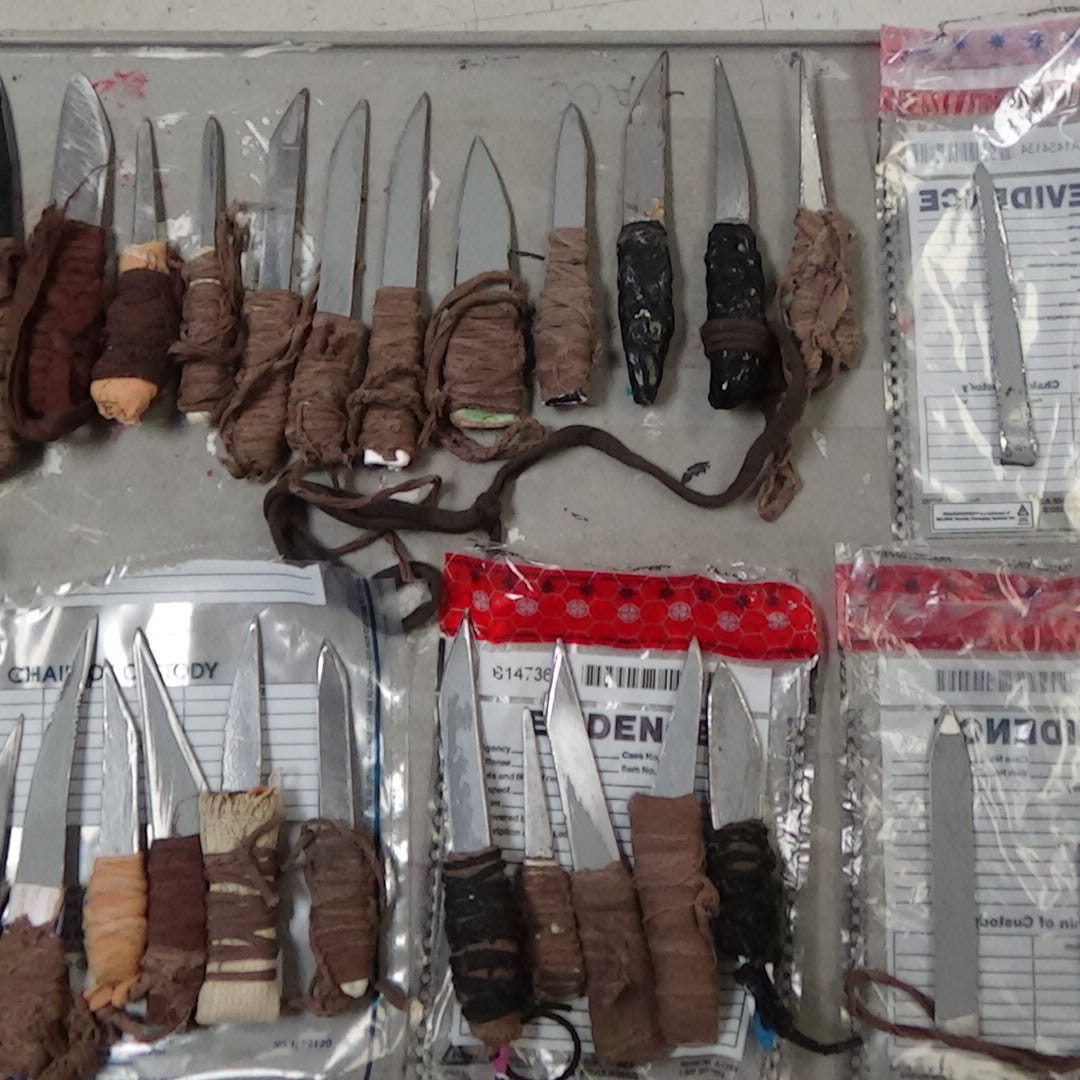 A cache of makeshift knives seized at Hazelton federal prison by officers during a single shift last month.