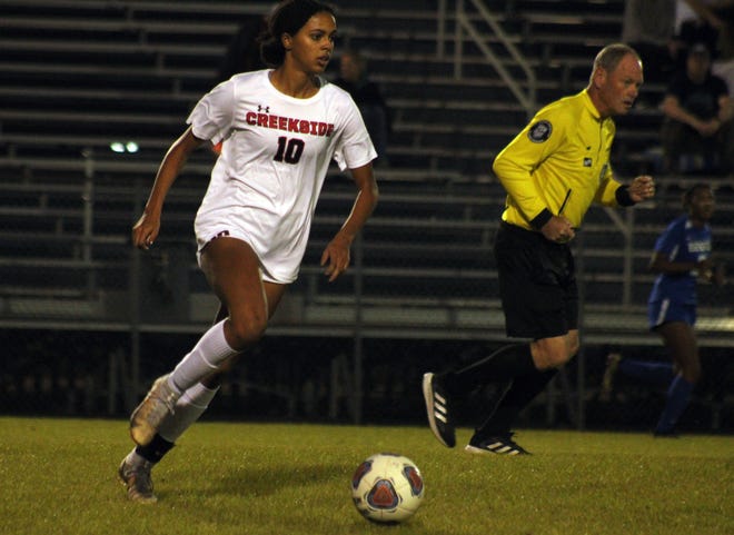 Creekside midfielder Avery Robinson (10) dribbles upfield against Stanton during  a high school girls soccer game on January 20, 2023. [Clayton Freeman/Florida Times-Union]