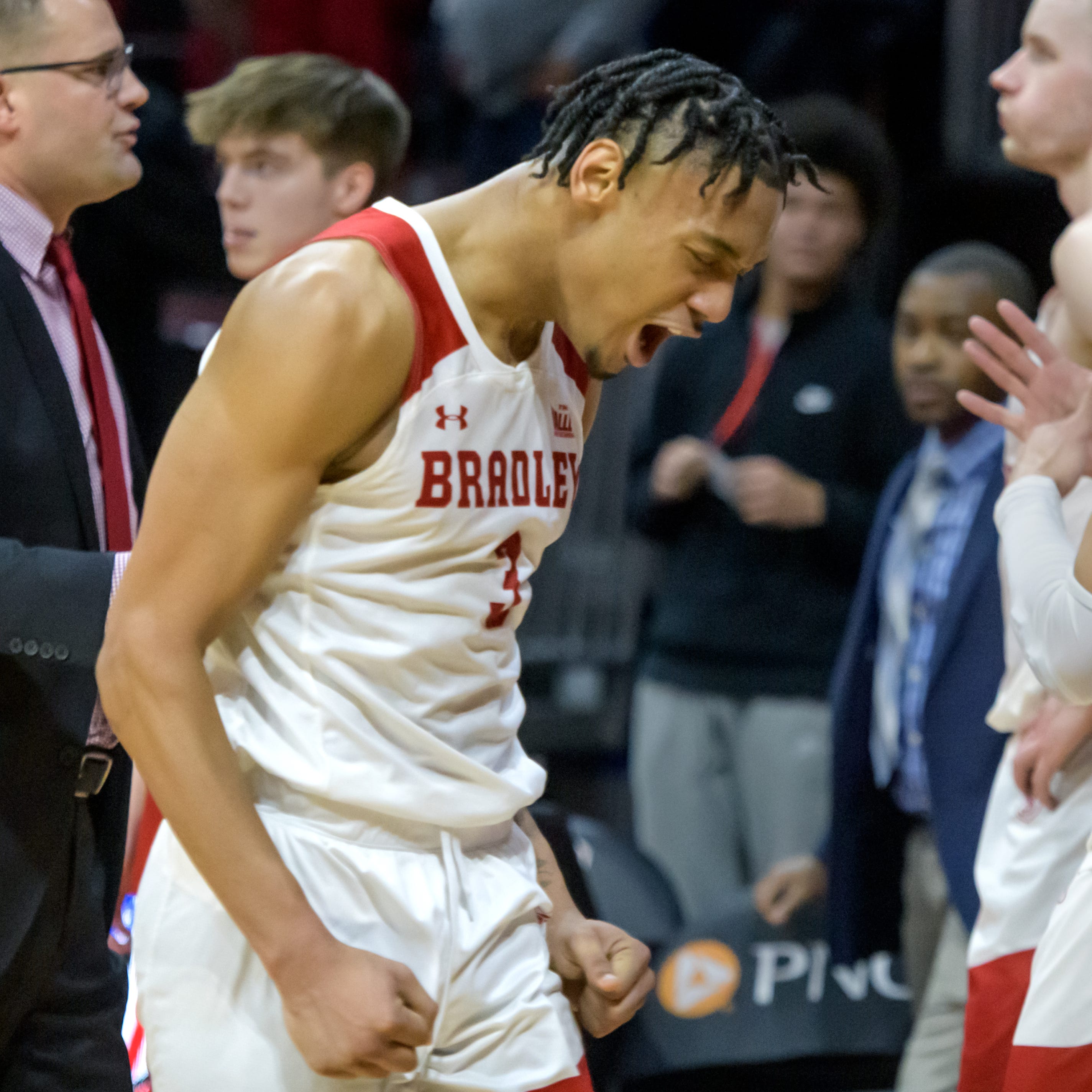 Bradley's Zek Montgomery shows his frustration after the Braves' last-second 78-76 loss to Belmont, snapping their 17-game home winning streak Saturday, Jan. 21, 2023 at Carver Arena.