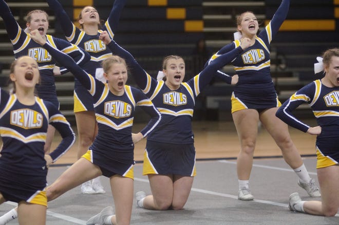 Members of the Gaylord competitive cheer team compete during a competitive cheer competition on Friday, January 20 at Mount Pleasant High School in Mount Pleasant, Mich.
