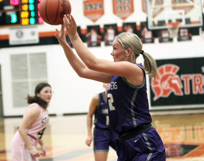 Allie McGlothlen of Three Rivers puts up a shot against Sturgis in prep hoops action on Friday.