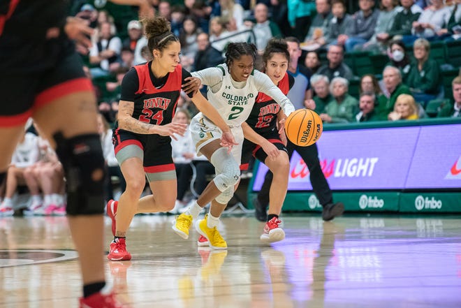Colorado State  women's basketball guard Destiny Thurman drives to the basket during a game against UNLV on Saturday, Jan. 21, 2023, at Moby Arena in Fort Collins, Colo.