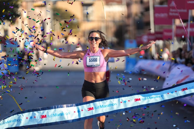 Ellie Kieffer crosses the finish line on Sunday to win the 3M Women's Half Marathon in downtown Austin.  Kieffer, who arrived late, earned a small compensation;  She finished fourth in the Florida Half Marathon last week after taking a wrong turn.
