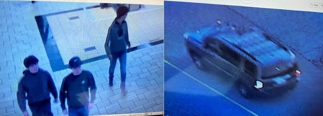 These surveillance photos from Chesterfield Towne Center show the three people involved in a possible abduction Saturday, Jan. 21, 2023 at the shopping center. The car shown is the one police say the victim was forced into and driven away.