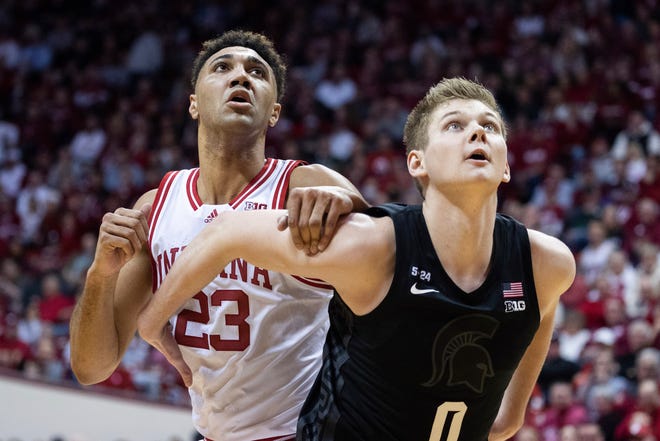 Indiana forward Trayce Jackson-Davis and Michigan State forward Jaxon Kohler fight for a rebound in the first half of MSU's 82-69 loss to Indiana on Sunday, Jan. 22, 2023, in Bloomington, Indiana.
