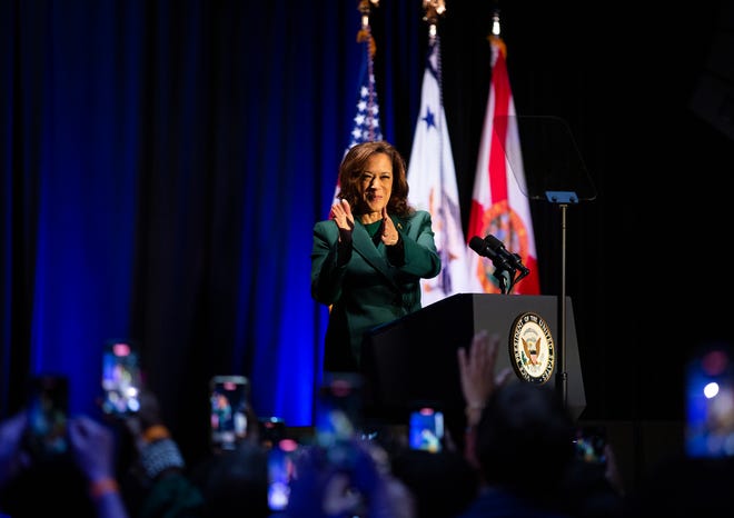 Vice President Kamala Harris speaks at The Moon in Tallahassee, Florida, on Sunday, January 22, 2023, to mark the 50th anniversary of the Roe v. Wade decision.