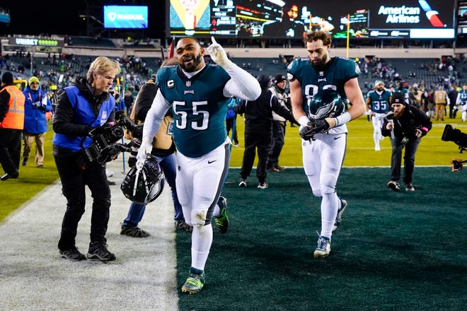 Philadelphia Eagles defensive end Brandon Graham (55) reacts while leaving the field following an NFL divisional round playoff football game against the New York Giants, Saturday, Jan. 21, 2023, in Philadelphia. The Eagles won 38-7. (AP Photo/Chris Szagola)
