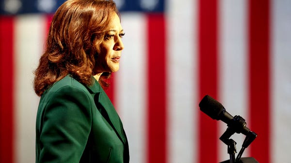 US Vice President Kamala Harris speaks to mark the