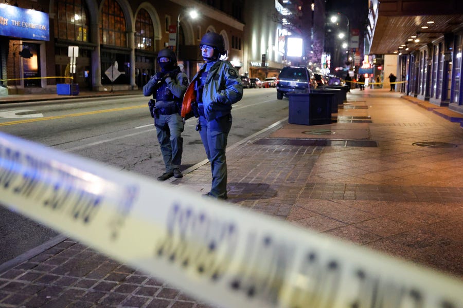 Police block a downtown street following a protest on Jan. 21, 2023, in Atlanta, in the wake of the death of an environmental activist killed after authorities said the 26-year-old shot a state trooper.