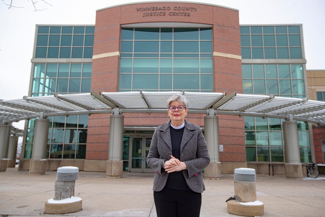 The Rev. Diane Tomlinson of Emmanuel Episcopal Church in Rockford is one of a dozen volunteers serving as a pretrial court watcher. She attended court Monday, Jan. 23, 2023, at the Winnebago County Justice Center in Rockford.