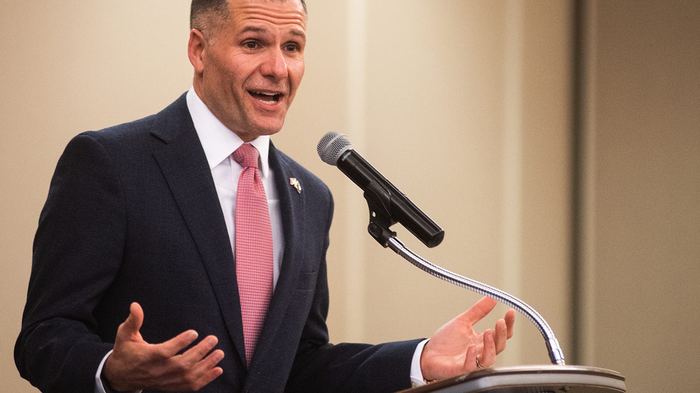 Rep. Marc Molinaro talks during a swearing-in ceremony in Saugerties, NY, on Saturday, Jan. 22, 2023.