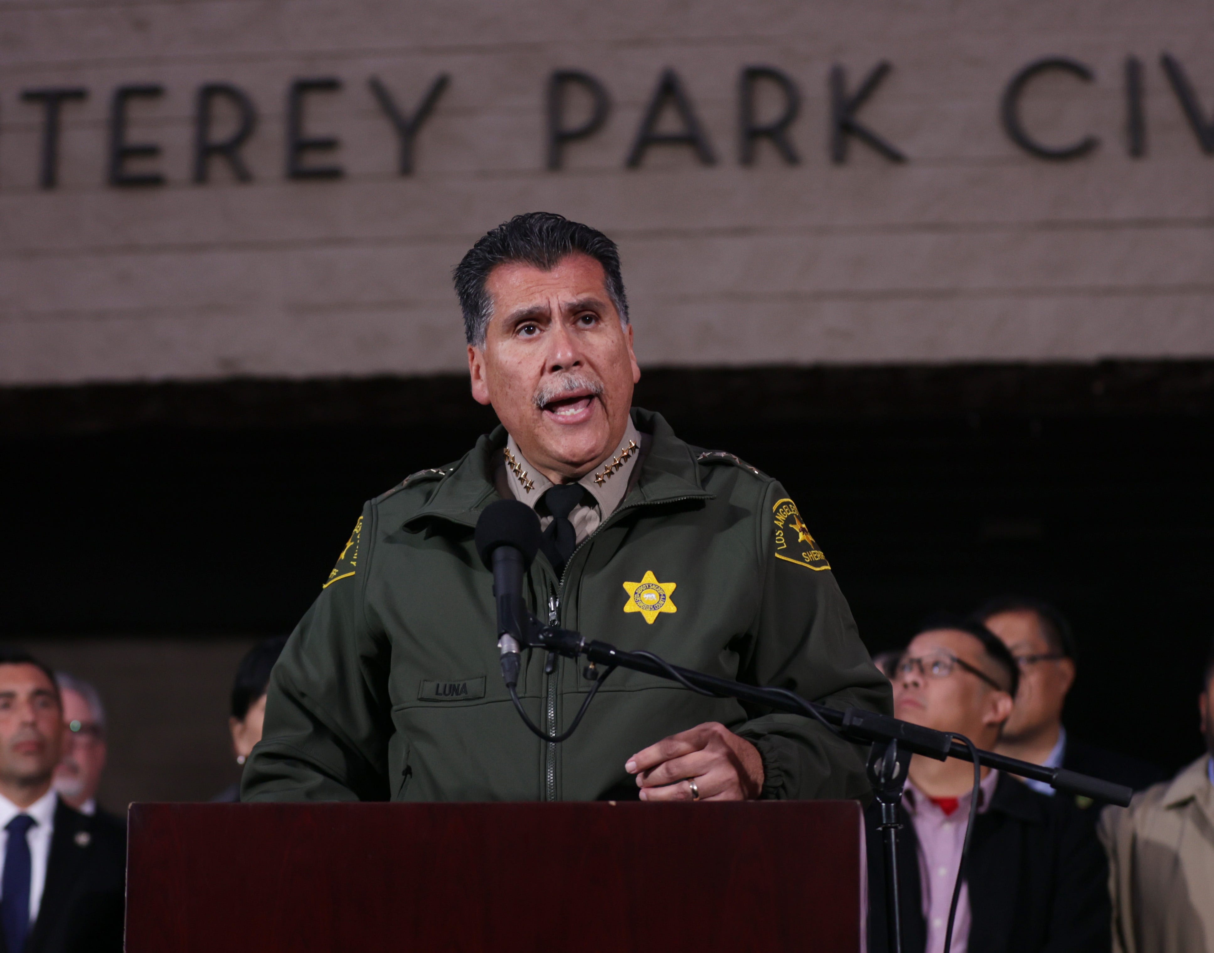 Los Angeles County Sheriff Robert Luna briefs the media outside the Civic Center in Monterey Park, Calif., Sunday, Jan. 22, 2023. At least 10 people were killed and 10 others wounded in a shooting rampage at the Star Ballroom Dance Studio  after a Lunar New Year celebration on Saturday, Jan. 21, 2023. Mandatory Credit: Yannick Peterhans/ For USA TODAY