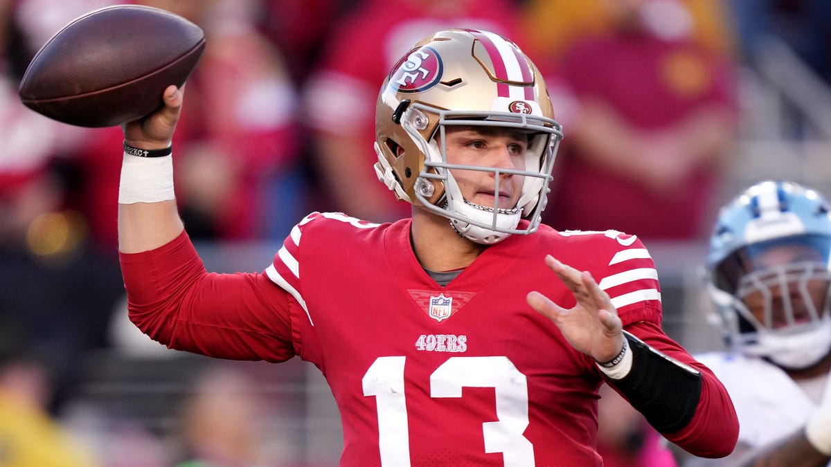 San Francisco 49ers quarterback Brock Purdy threw for 214 yards in the win against the Dallas Cowboys in the divisional round of the playoffs.