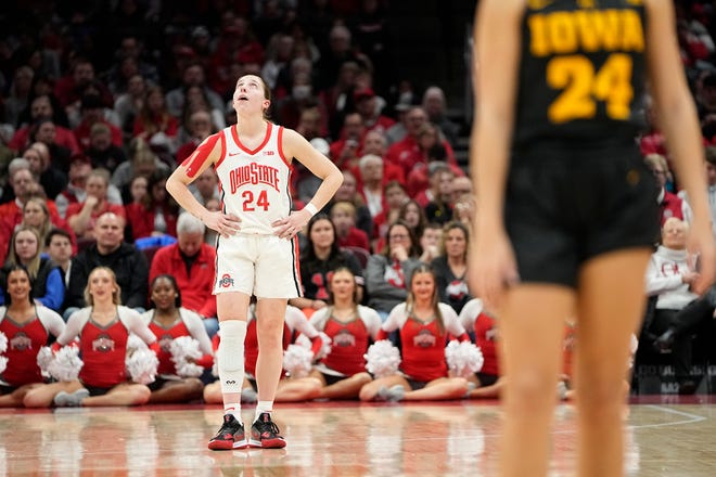 Ohio State guard Taylor Mikesell looks to the scoreboard during Monday's loss to Iowa.
