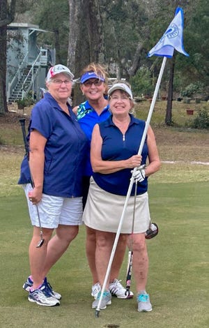 Sylvia Vailas of Alberta, Canada, Tina Creed of Michigan, and Brenda Murphy of Michigan joined about 24 other golfers on a windy Jan. 12, at Bluewater Bay Golf Club for the first Nine & Wine & Whine of the season. This bi-weekly activity is always held at Bluewater Bay.