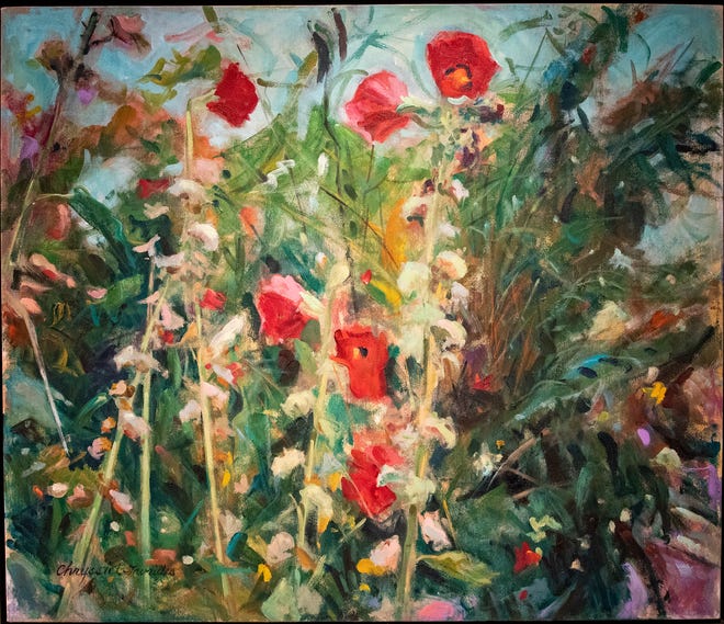 Hollyhocks/1996 by Chryssie Bilder Tavrides at the Polk Museum of Art in Lakeland Fl  Tuesday January 24,2023.Chryssie Bilder Tavrides, a 94-year-old artist who used to do portraits for everyone in Lakeland, but has also a large cache of other work.Ernst Peters/The Ledger